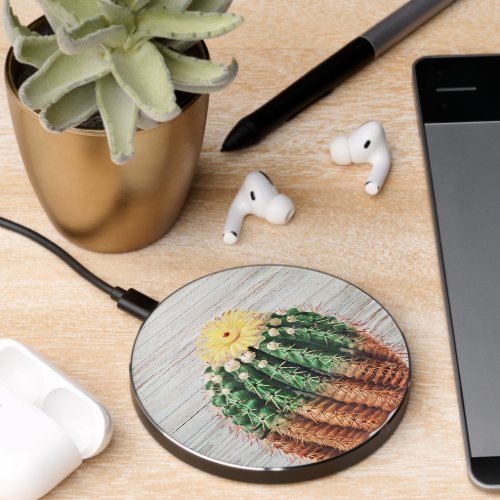 Southwest Rustic Wood Yellow Cactus Succulent   Wi Wireless Charger