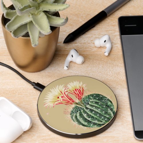 Southwest Rustic Wood Yellow  Cactus Succulent   Wireless Charger