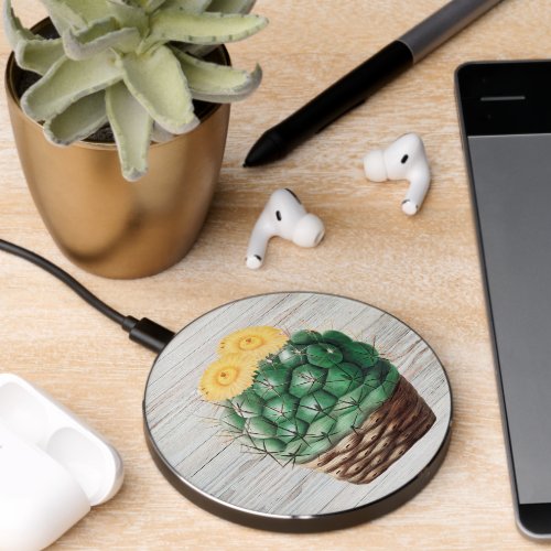 Southwest Rustic Wood Yellow Cactus Succulent   Wireless Charger
