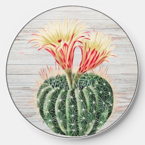 Southwest Rustic Wood Yellow Cactus Succulent    Wireless Charger