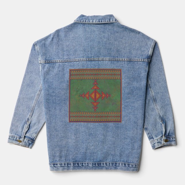 Southwest Sagebrush Green Geometric Design  Denim Jacket (Back)