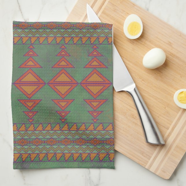 Southwest Sagebrush Green Geometric Design Kitchen Towel (Quarter Fold)