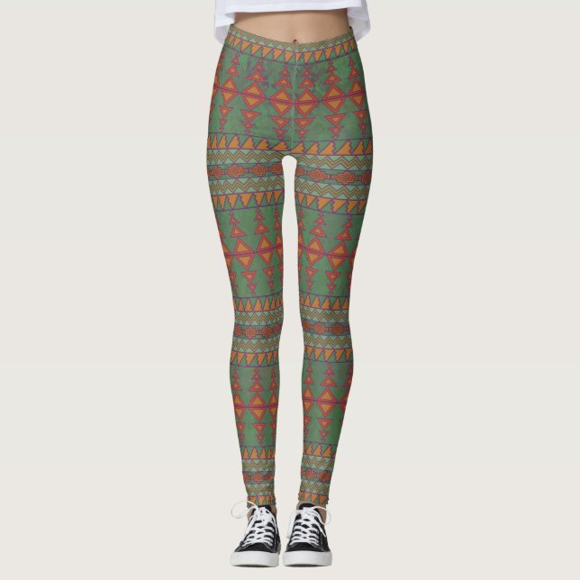 Southwest Sagebrush Green Geometric Design Leggings (Front)