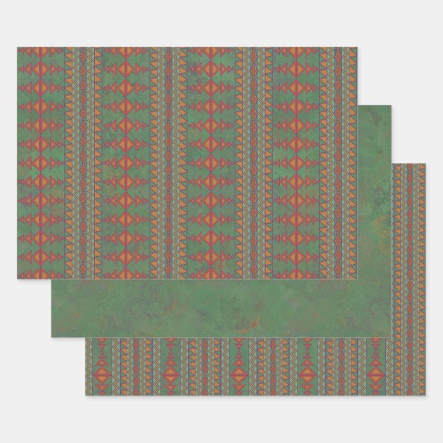 Southwest Sagebrush Green Geometric Design Wrapping Paper Sheets (Set)