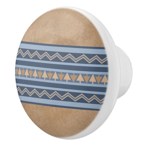 Southwest Style Blue and Brown Geometric Border Ceramic Knob