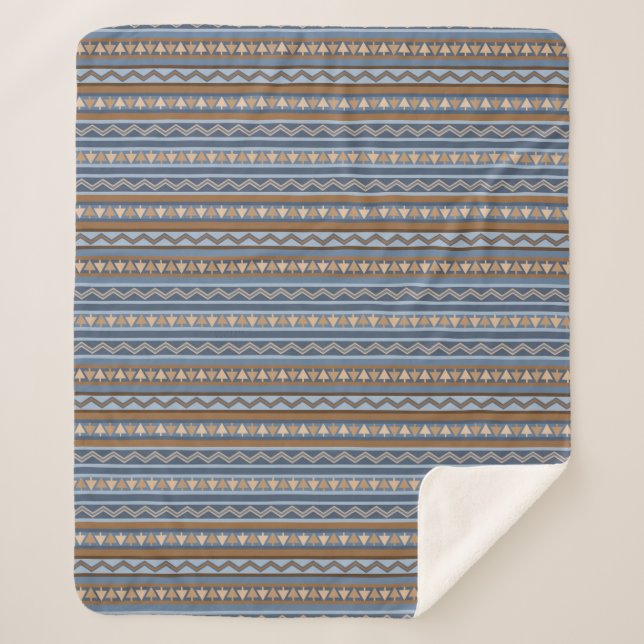 Southwest Style Blue and Brown Geometric Medium Sherpa Blanket (Front)