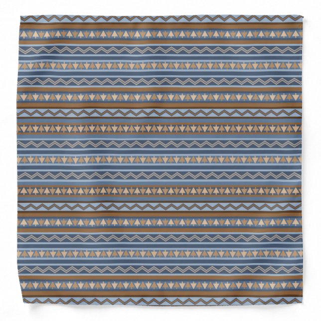 Southwest Style Blue and Brown Geometric Pattern Bandana (Front)