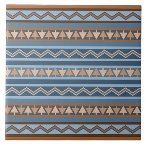 Southwest Style Blue and Brown Geometric Pattern Ceramic Tile