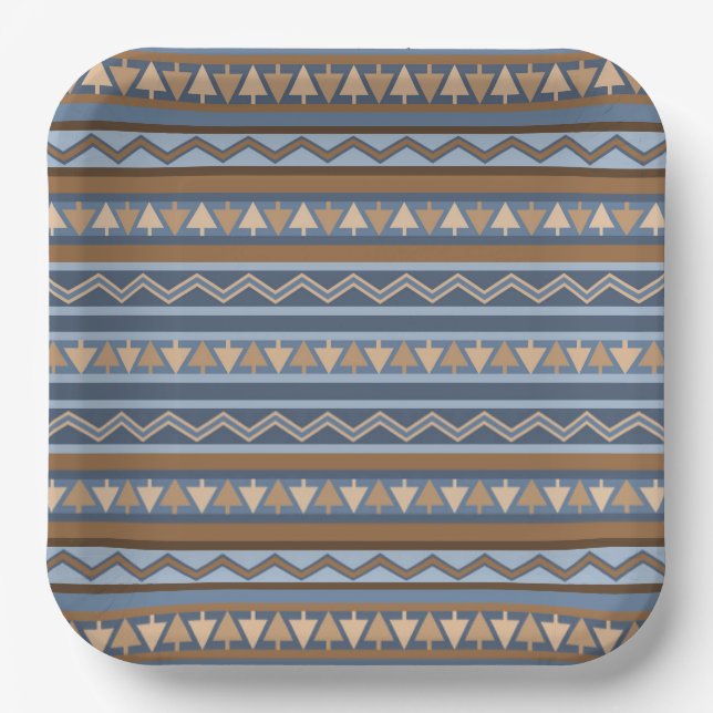 Southwest Style Blue and Brown Geometric Pattern Paper Plates (Front)