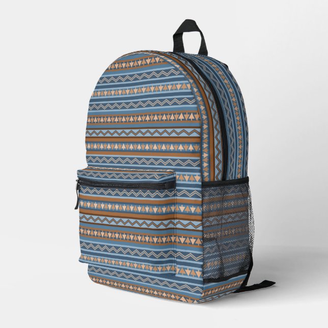 Southwest Style Blue and Brown Geometric Printed Backpack (Back Corner Right)