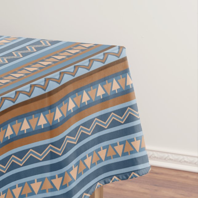 Southwest Style Blue Brown Geometric Design Medium Tablecloth (In Situ)