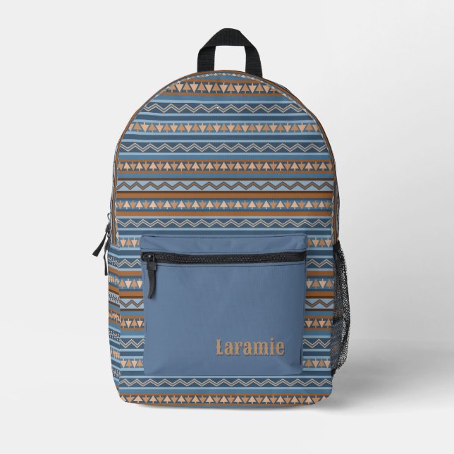 Southwest Style Blue Brown Geometric Personalized Printed Backpack (Front)