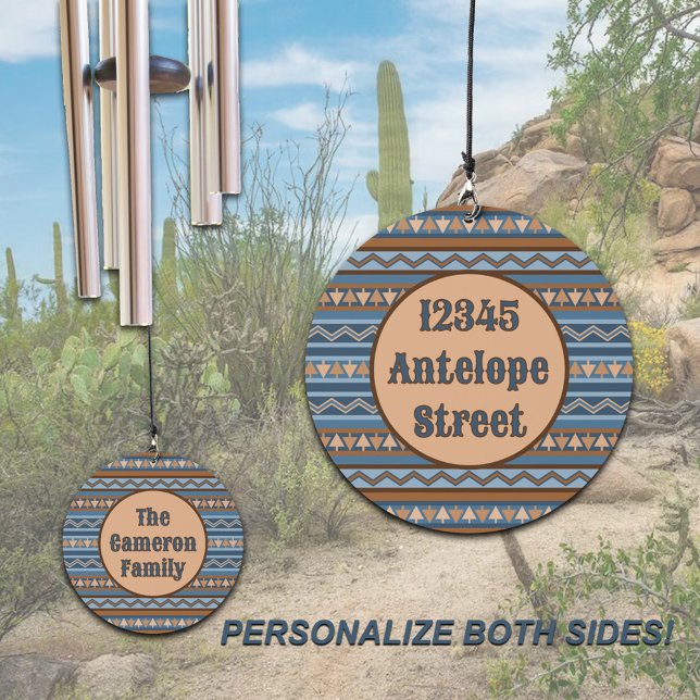 Southwest Style Blue Brown Geometric Personalized Wind Chime (Personalized Wind Chimes for Home, Garden etc in Southwest Style Geometric Pattern in Blue and Brown)