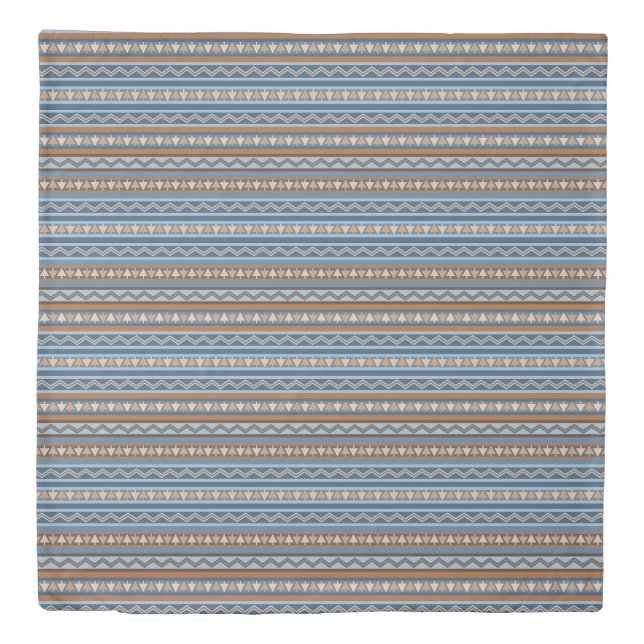 Southwest Style Blue & Brown Geometric Print Queen Duvet Cover (Front)