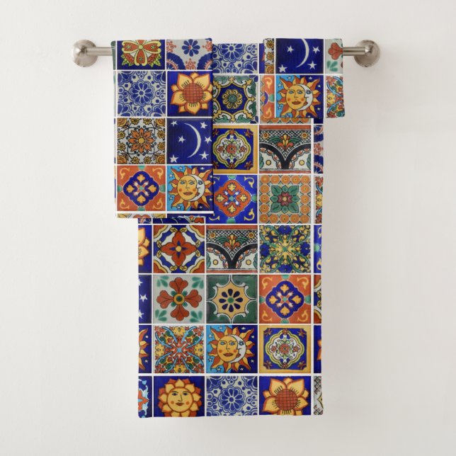 Southwest Style Talavera Tile Colorful Bathroom  Bath Towel Set (Insitu)