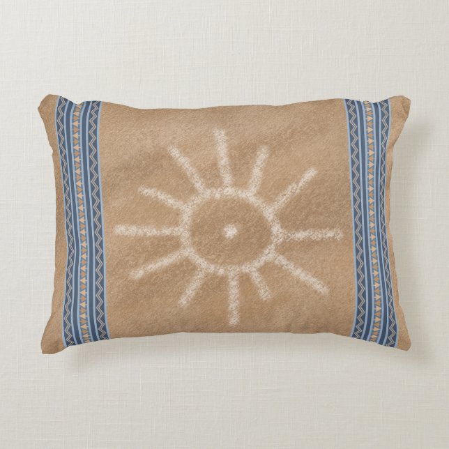 Southwest Sun Petroglyph Blue Geometric Border Accent Pillow (Front)