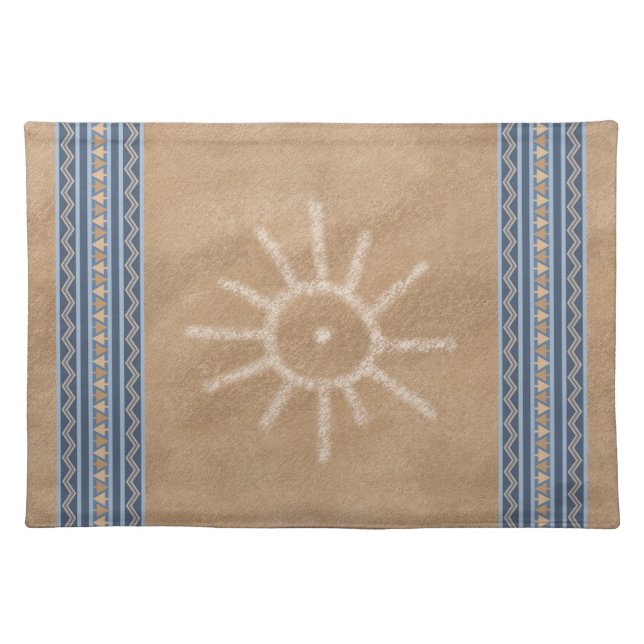 Southwest Sun Petroglyph Blue Geometric Border Cloth Placemat (Front)