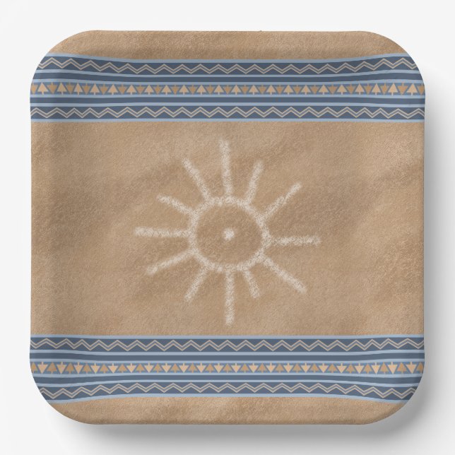 Southwest Sun Petroglyph Blue Geometric Border Paper Plates (Front)