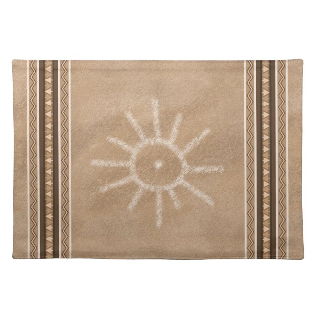 Southwest Sun Petroglyph Brown Geometric Border Cloth Placemat (Front)