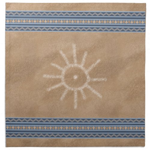 Southwest Sun Petroglyph Design Blue Border Cloth Napkin