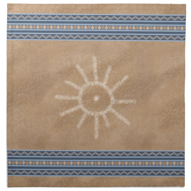 Southwest Sun Petroglyph Design Blue Border Cloth Napkin (Front)