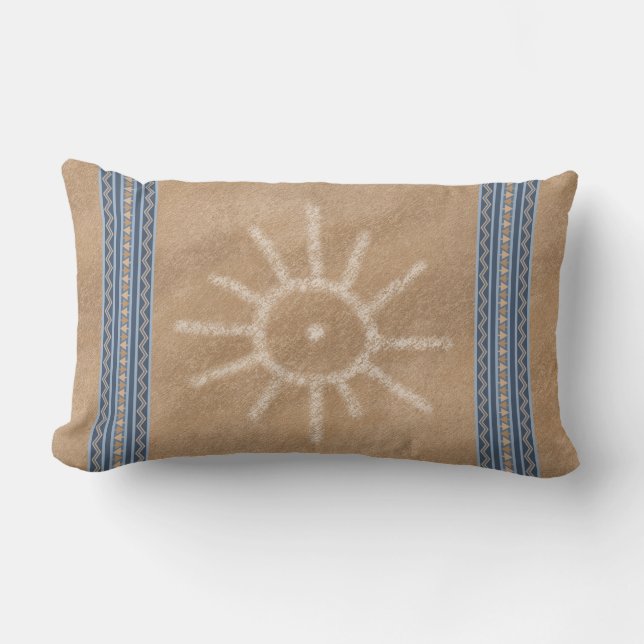 Southwest Sun Petroglyph Design Blue Border Lumbar Pillow (Front)