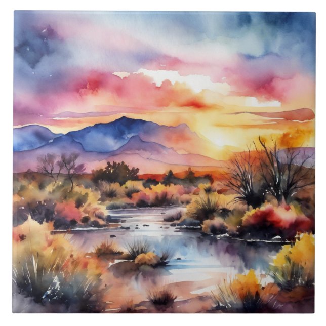 Southwest Sunset & Mountains Watercolor Style  Ceramic Tile (Front)