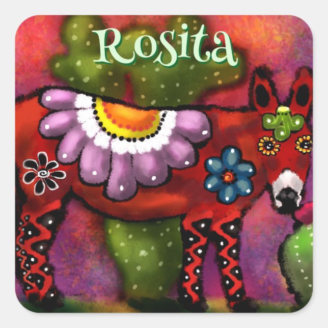 Southwest Talavera-Style Donkey Personalized Square Sticker (Front)