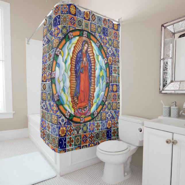 Southwest Talavera Tile and Our Lady of Guadalupe Shower Curtain (In Situ)