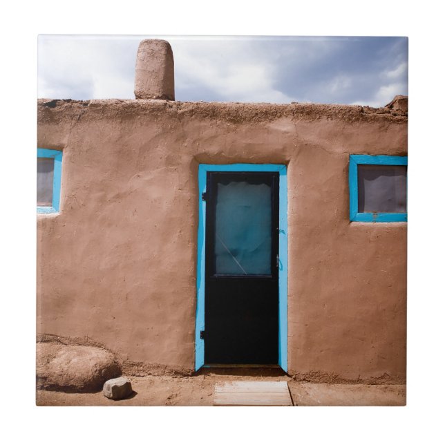 Southwest Taos Adobe Pueblo House Turquoise Door Ceramic Tile (Front)
