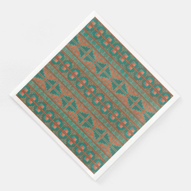 Southwest Teal Copper Colors Geometric Pattern Paper Dinner Napkins (Corner)