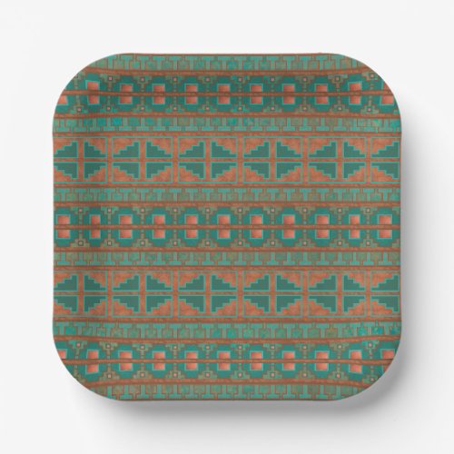 Southwest Teal Copper Colors Geometric Pattern Paper Plates