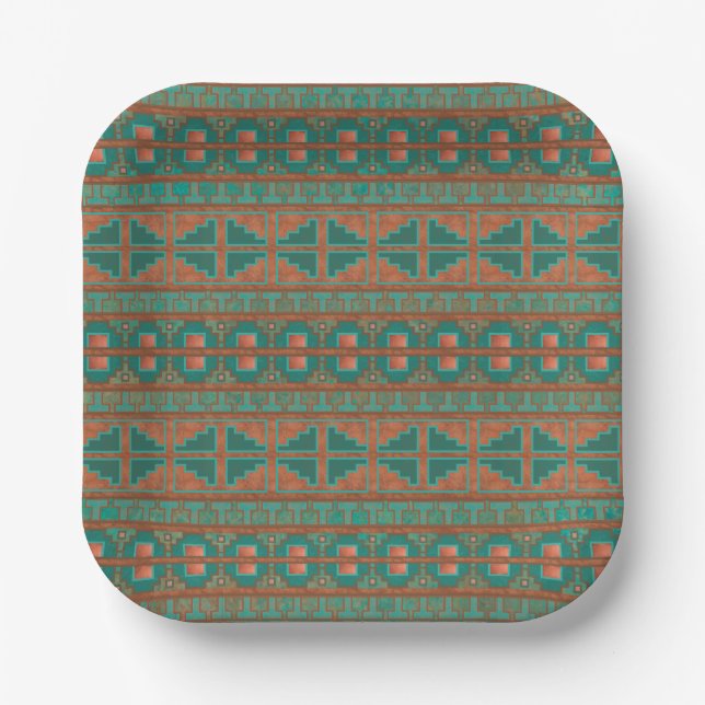 Southwest Teal Copper Colors Geometric Pattern Paper Plates (Front)