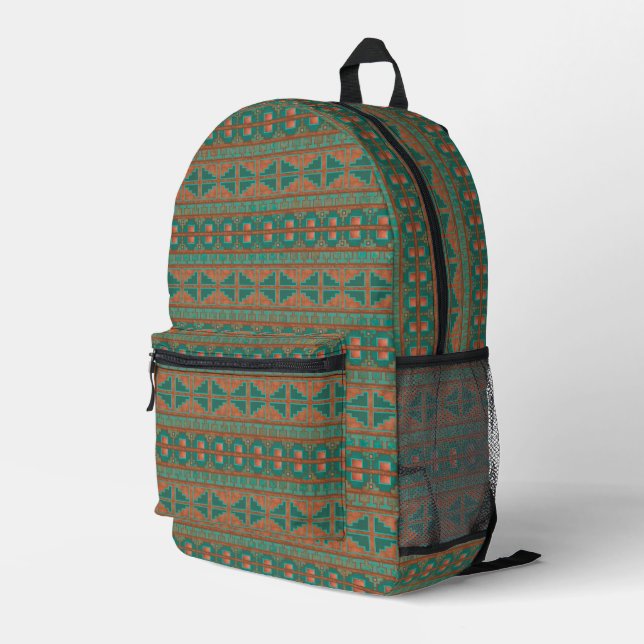 Southwest Teal Copper Colors Geometric Pattern Printed Backpack (Back Corner Right)