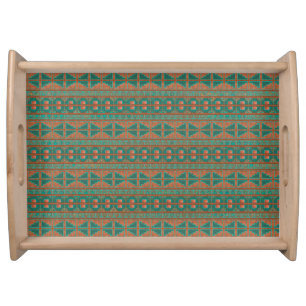 Southwest Teal Copper Colors Geometric Pattern Serving Tray