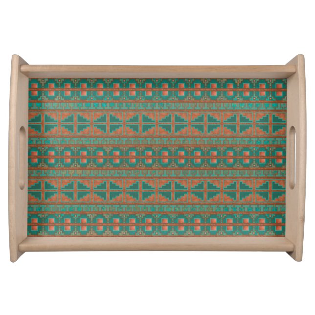 Southwest Teal Copper Geometric Pattern Small Serving Tray (Front)