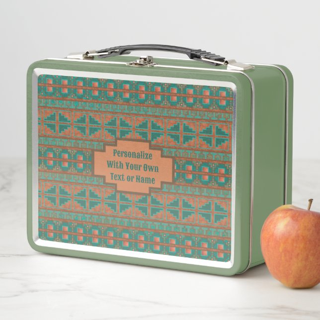 Southwest Teal Copper Geometric Print Personalized Metal Lunch Box (In Situ)