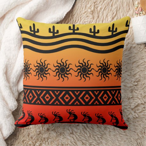 Southwest Tribal Desert Sun Cactus Kokopelli Throw Pillow