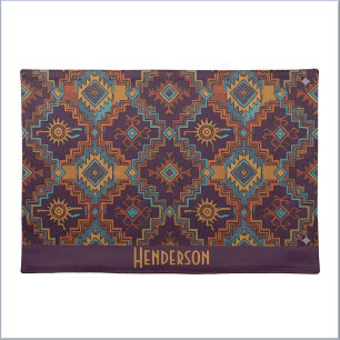 Southwest Tribal Gold Turquoise Dark Purple Cloth Placemat