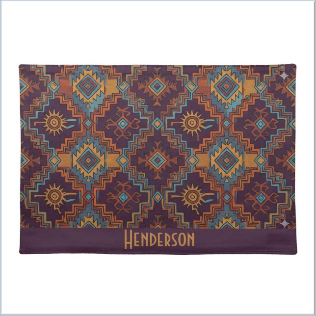 Southwest Tribal Gold Turquoise Dark Purple Cloth Placemat (Creator Uploaded)