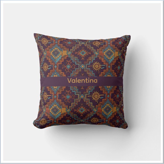 Southwest Tribal Gold Turquoise Dark Purple Throw Pillow (Creator Uploaded)