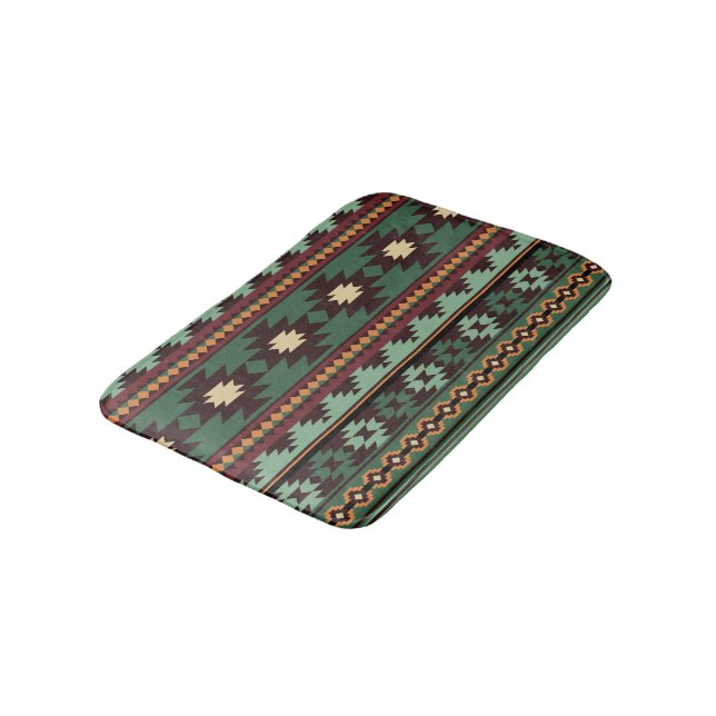 Southwest tribal green brown bathroom mat (Angled)