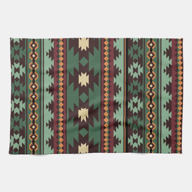 Southwest tribal green brown kitchen towel (Horizontal)