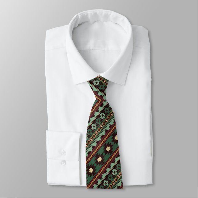Southwest tribal green brown neck tie (Tied)