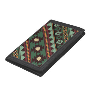Southwest tribal green brown tri-fold wallet