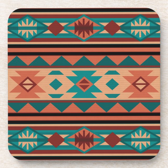 Southwest Tribal Pattern Turquoise Terracotta Beverage Coaster (Front)