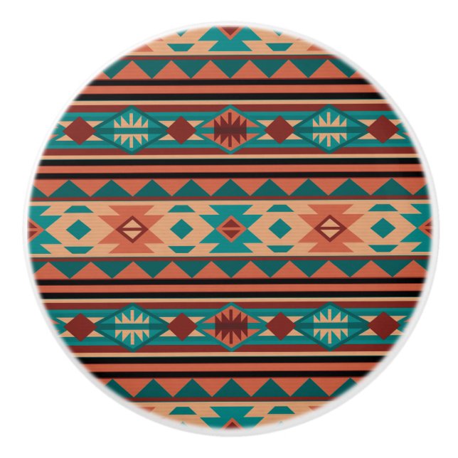 Southwest Tribal Pattern Turquoise Terracotta Ceramic Knob (Front)