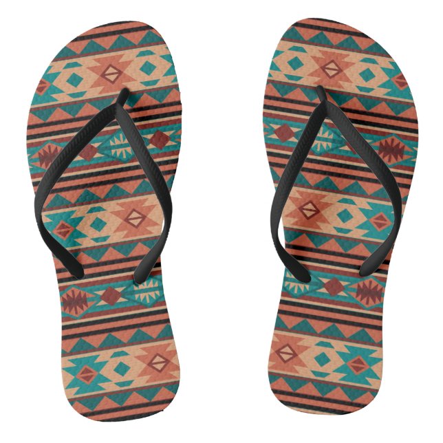 Southwest Tribal Pattern Turquoise Terracotta Flip Flops (Footbed)