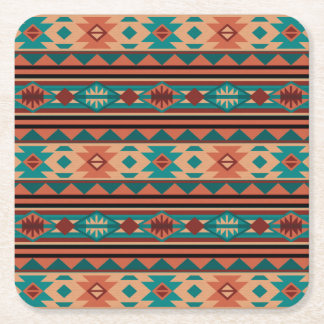 Southwest Tribal Pattern Turquoise Terracotta Square Paper Coaster