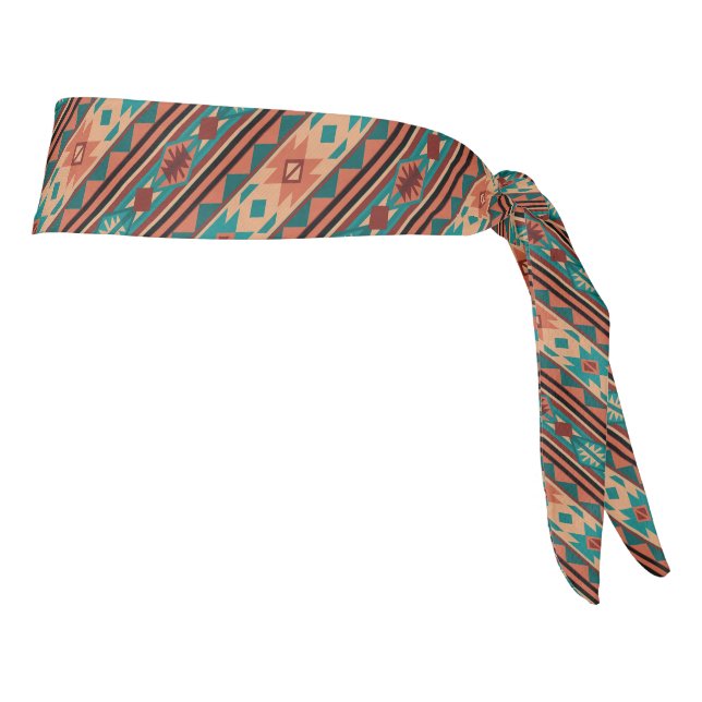 Southwest Tribal Pattern Turquoise Terracotta Tie Headband (Rotate 90)